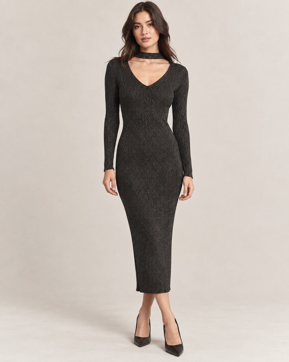 NWT Deby Debo Idriss Black Metallic Ribbed Knit Collar Bodycon Midi Dress Small